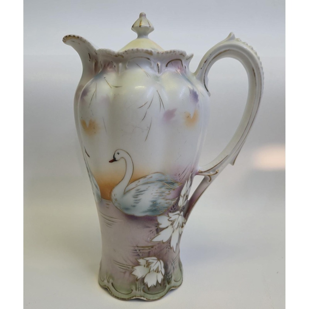 Antique R.S. Prussia "Swans on Lake" Chocolate Pot - Satin Finish - Art Nouveau